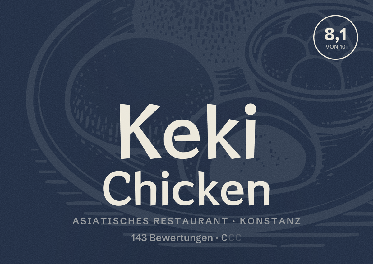 Illustriertes Poster von Keki Chicken, Asiatisches Restaurant in Konstanz: Bewertung 8,1 von 10 aus 143 Bewertungen, Preisniveau €