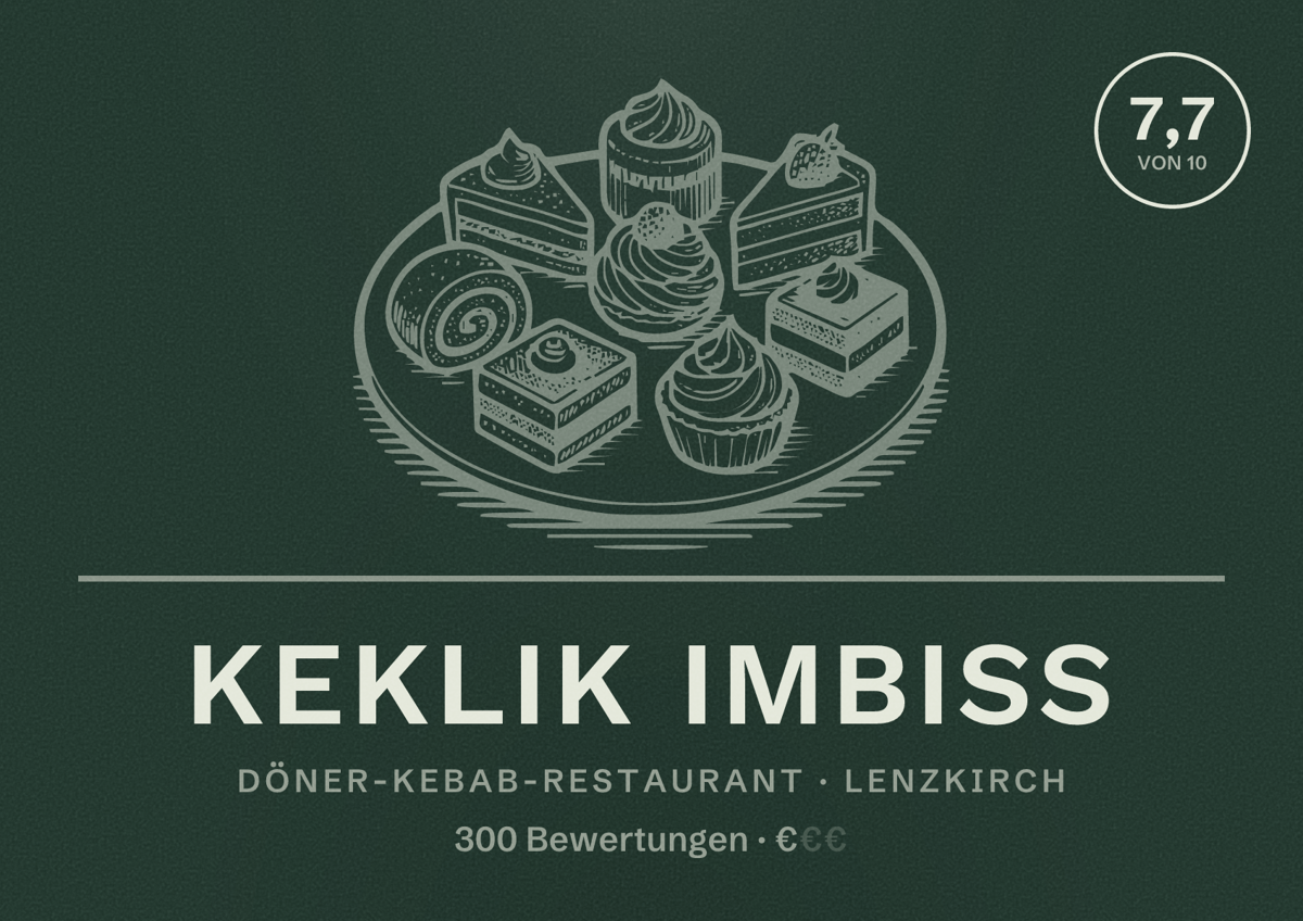 Illustriertes Poster von Keklik Imbiss, Döner-Kebab-Restaurant in Lenzkirch: Bewertung 7,7 von 10 aus 300 Bewertungen, Preisniveau €