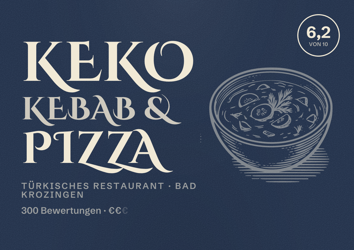 Illustriertes Poster von Keko Kebab & Pizza, Türkisches Restaurant in Bad Krozingen: Bewertung 6,2 von 10 aus 300 Bewertungen, Preisniveau €€