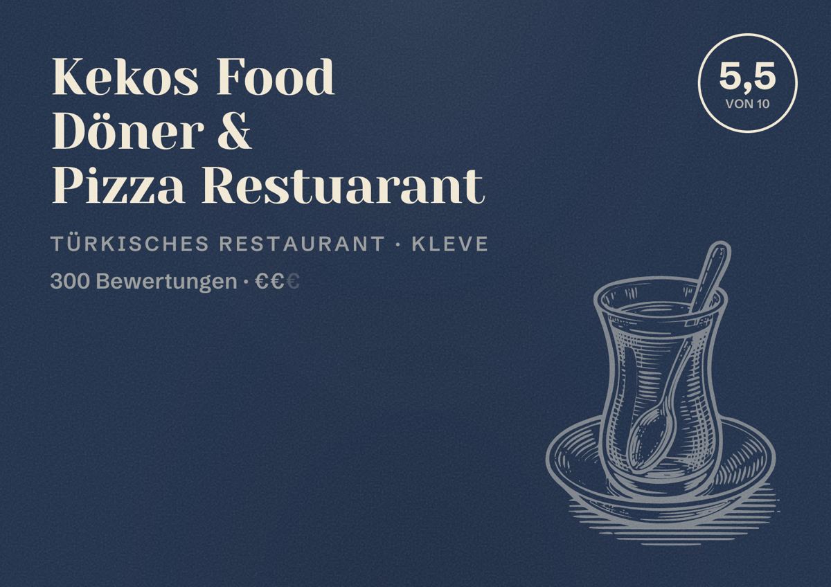 Illustriertes Poster von Kekos Food Döner & Pizza Restuarant, Türkisches Restaurant in Kleve: Bewertung 5,5 von 10 aus 300 Bewertungen, Preisniveau €€