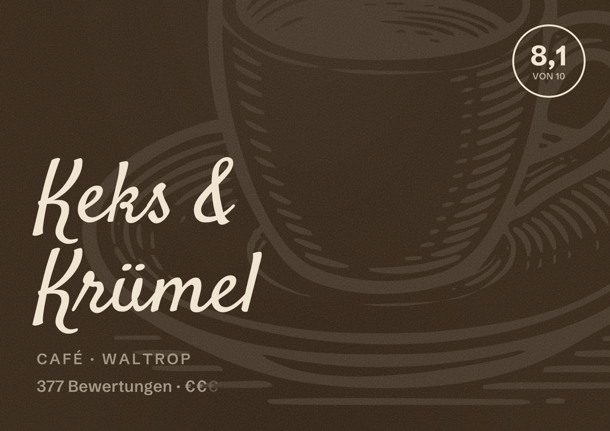 Illustriertes Poster von Keks & Krümel, Café in Waltrop: Bewertung 8,1 von 10 aus 377 Bewertungen, Preisniveau €€