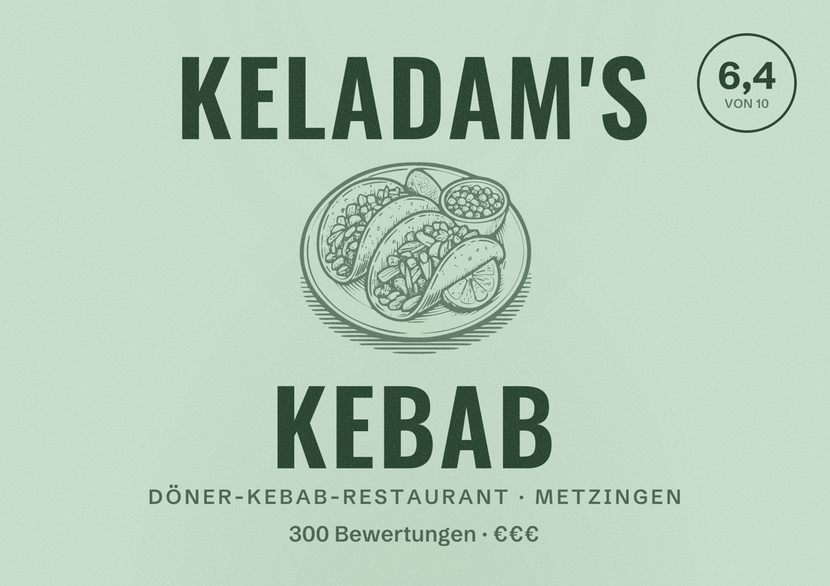 Illustriertes Poster von Keladam's Kebab, Döner-Kebab-Restaurant in Metzingen: Bewertung 6,4 von 10 aus 300 Bewertungen, Preisniveau €€€