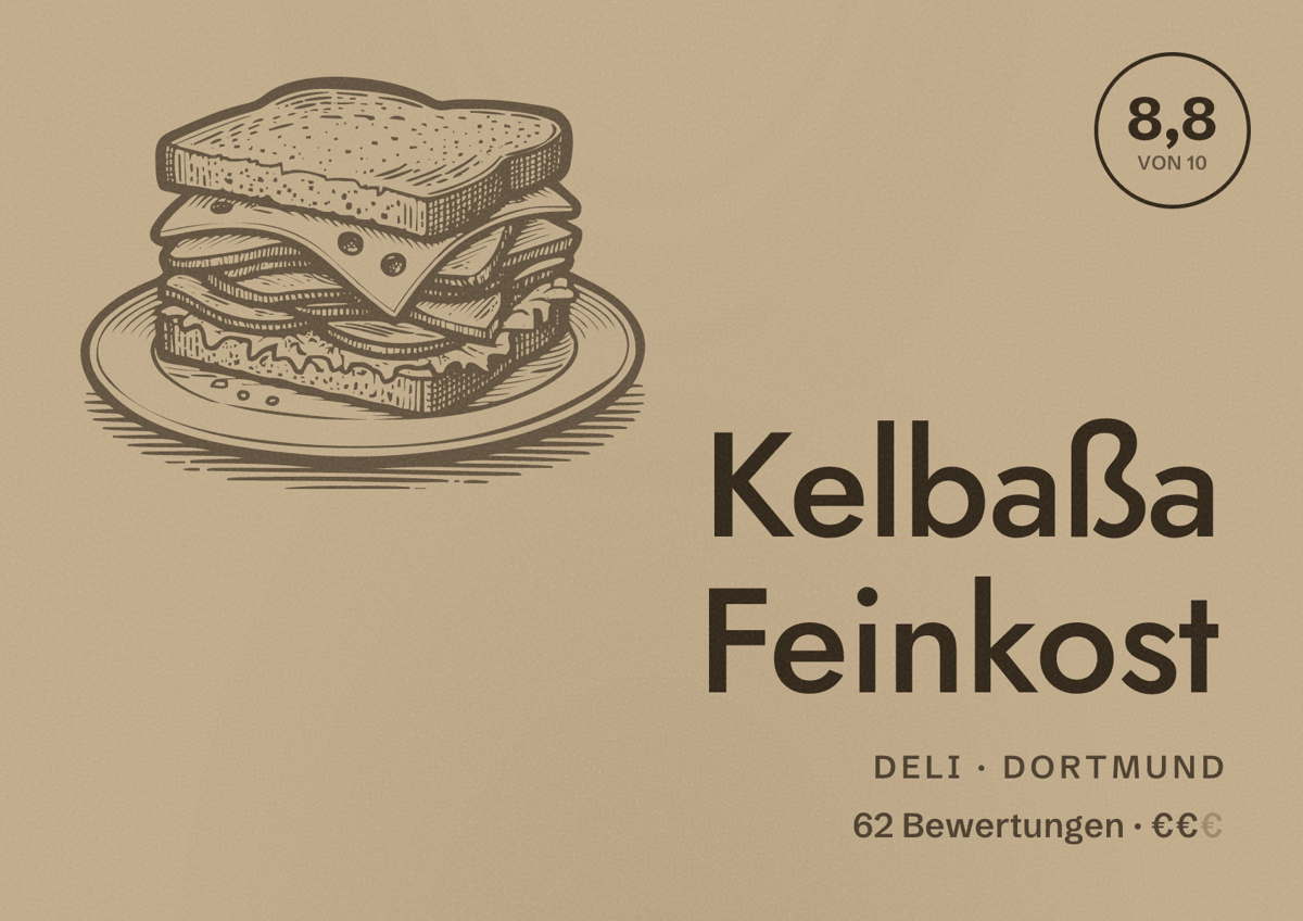 Illustriertes Poster von Kelbaßa Feinkost, Deli in Dortmund: Bewertung 8,8 von 10 aus 62 Bewertungen, Preisniveau €€