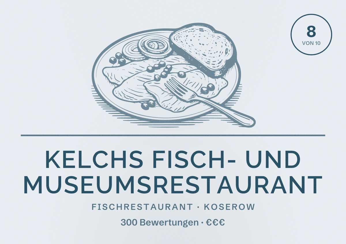 Illustriertes Poster von Kelchs Fisch- und Museumsrestaurant, Fischrestaurant in Koserow: Bewertung 8 von 10 aus 300 Bewertungen, Preisniveau €€€
