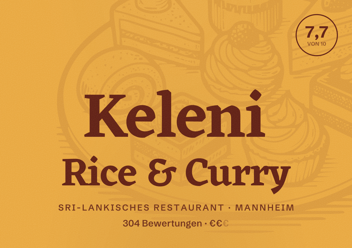 Illustriertes Poster von Keleni Rice & Curry, Sri-Lankisches Restaurant in Mannheim: Bewertung 7,7 von 10 aus 304 Bewertungen, Preisniveau €€