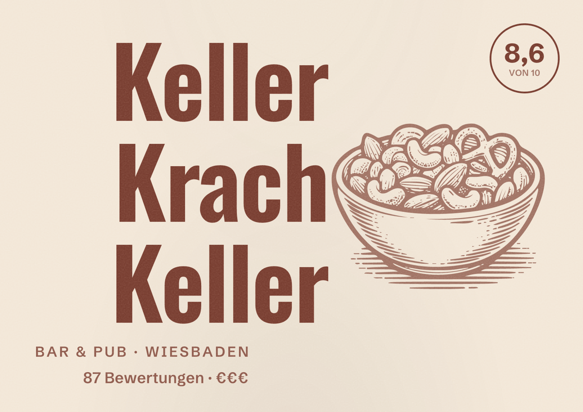 Illustriertes Poster von Keller Krach Keller, Bar & Pub in Wiesbaden: Bewertung 8,6 von 10 aus 87 Bewertungen, Preisniveau €€€