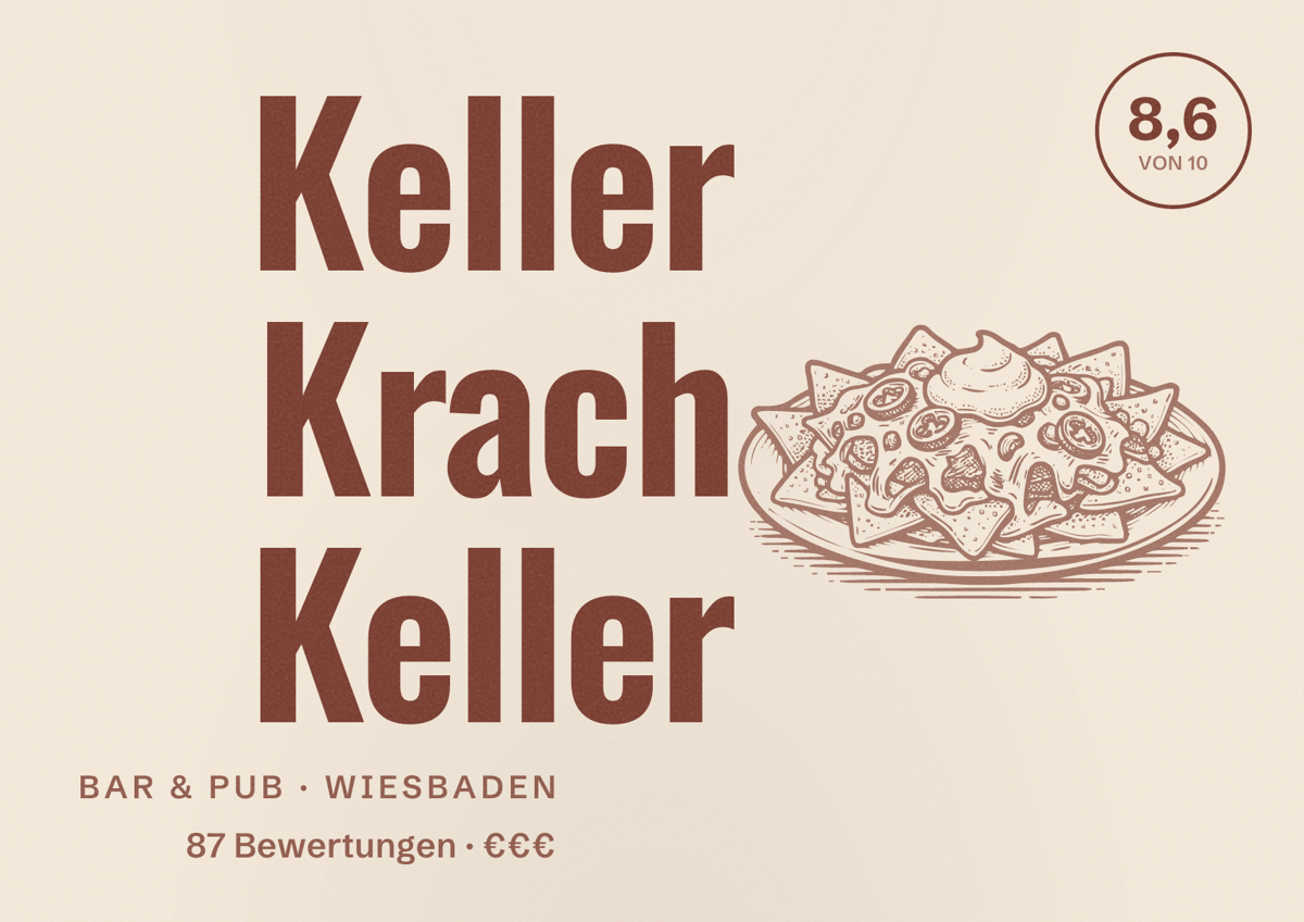 Illustriertes Poster von Keller Krach Keller, Bar & Pub in Wiesbaden: Bewertung 8,6 von 10 aus 87 Bewertungen, Preisniveau €€€