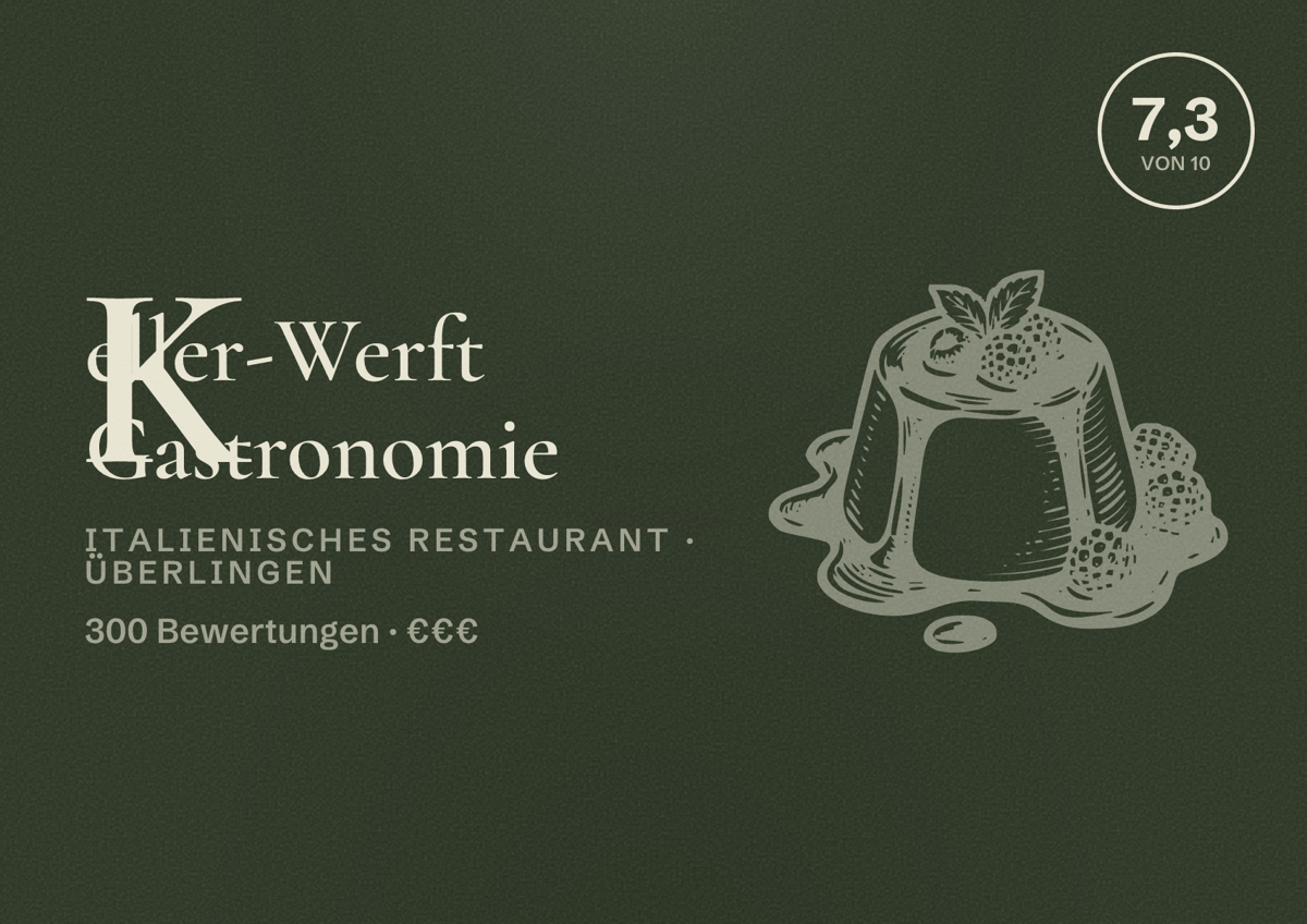Illustriertes Poster von Keller-Werft Gastronomie, Italienisches Restaurant in Überlingen: Bewertung 7,3 von 10 aus 300 Bewertungen, Preisniveau €€€