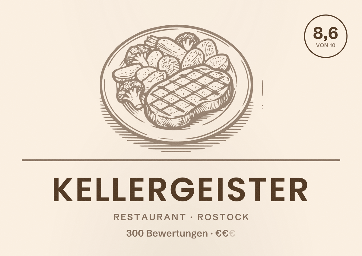 Illustriertes Poster von Kellergeister, Restaurant in Rostock: Bewertung 8,6 von 10 aus 300 Bewertungen, Preisniveau €€