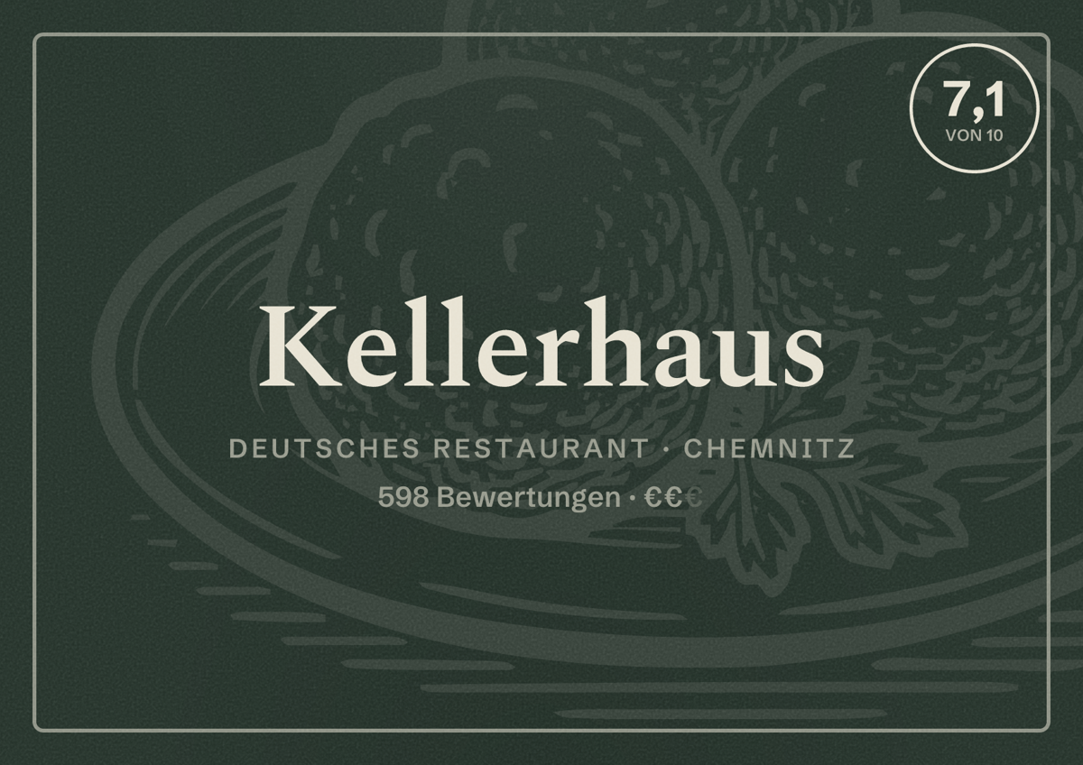 Illustriertes Poster von Kellerhaus, Deutsches Restaurant in Chemnitz: Bewertung 7,1 von 10 aus 598 Bewertungen, Preisniveau €€