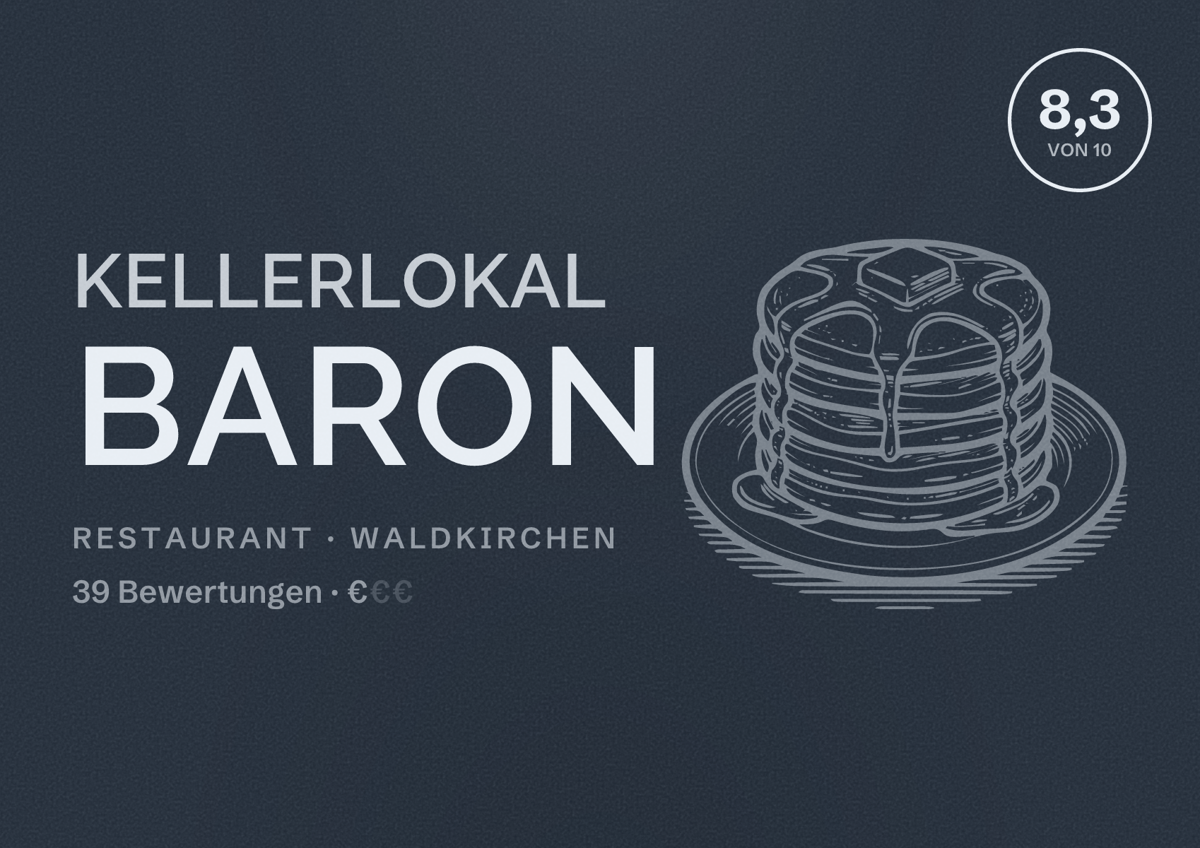 Illustriertes Poster von Kellerlokal Baron, Restaurant in Waldkirchen: Bewertung 8,3 von 10 aus 39 Bewertungen, Preisniveau €