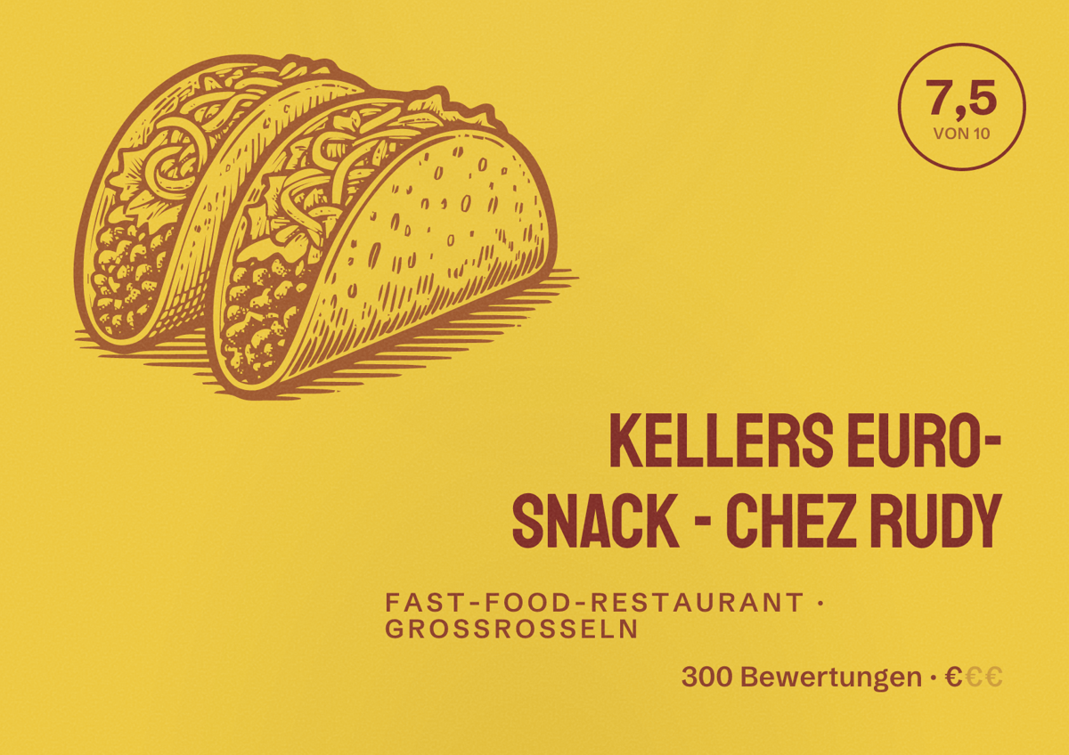 Illustriertes Poster von Kellers Euro- Snack - Chez Rudy, Fast-Food-Restaurant in Großrosseln: Bewertung 7,5 von 10 aus 300 Bewertungen, Preisniveau €