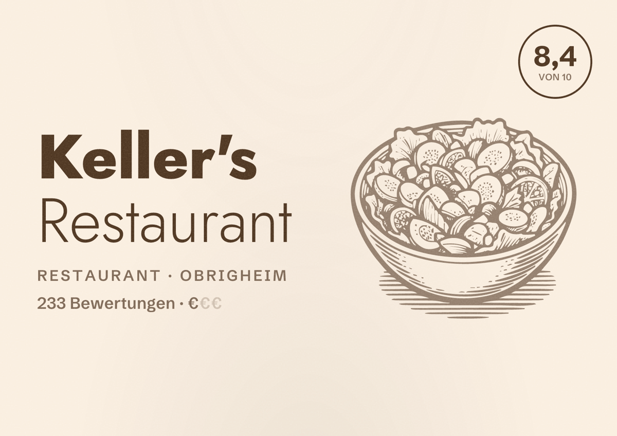 Illustriertes Poster von Keller's Restaurant, Restaurant in Obrigheim: Bewertung 8,4 von 10 aus 233 Bewertungen, Preisniveau €