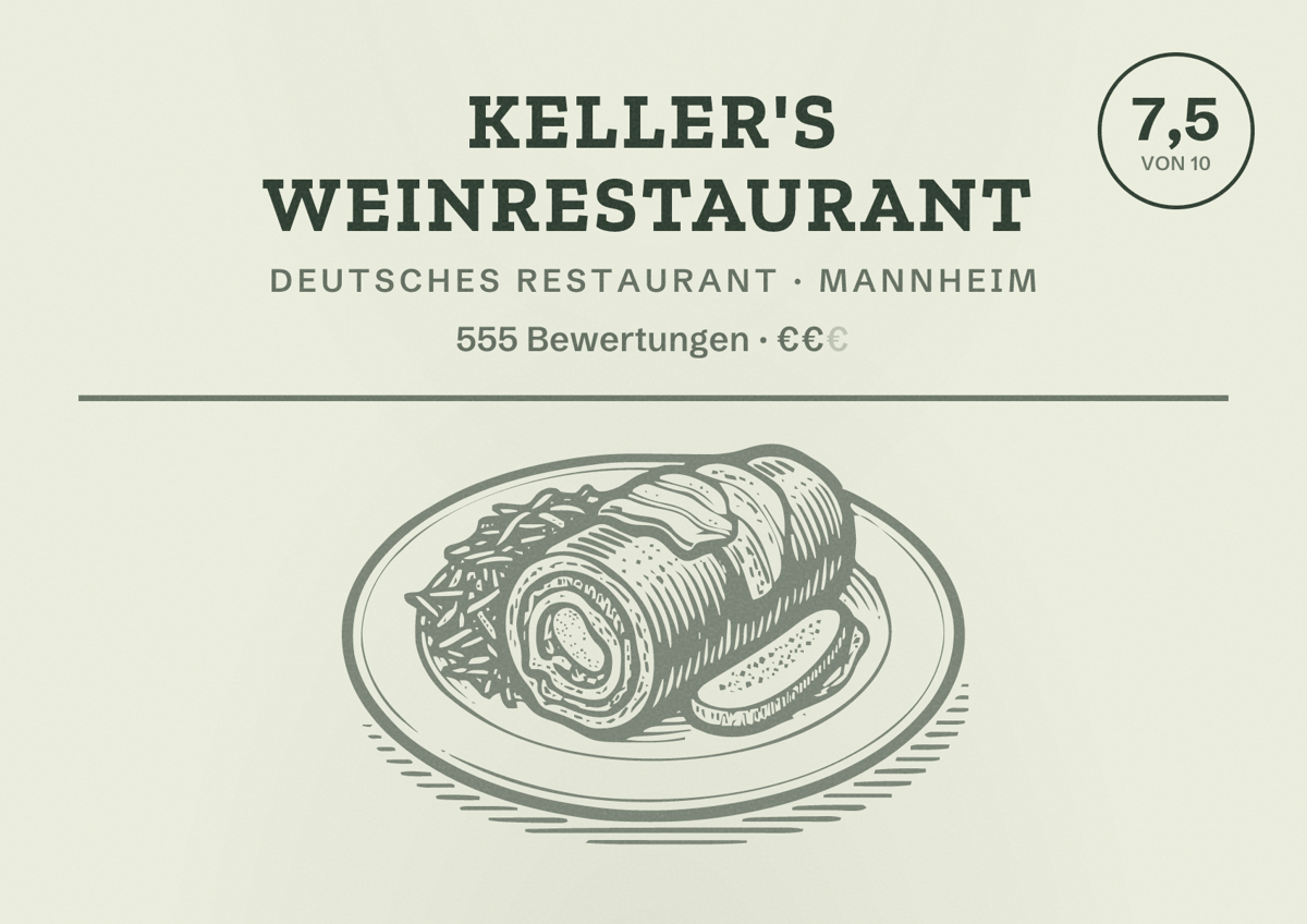 Illustriertes Poster von Keller's Weinrestaurant, Deutsches Restaurant in Mannheim: Bewertung 7,5 von 10 aus 555 Bewertungen, Preisniveau €€