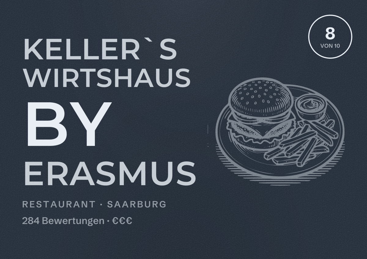 Illustriertes Poster von Keller`s Wirtshaus by Erasmus, Restaurant in Saarburg: Bewertung 8 von 10 aus 284 Bewertungen, Preisniveau €€€