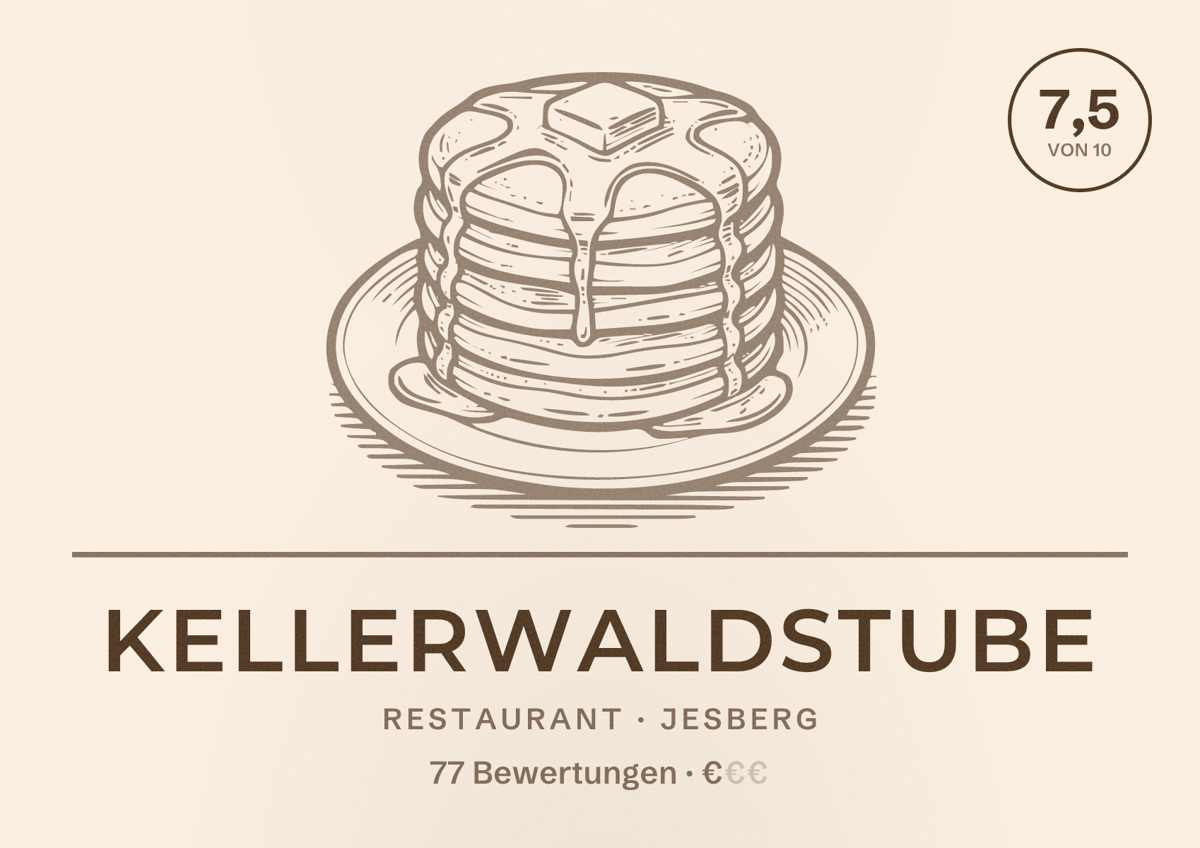 Illustriertes Poster von Kellerwaldstube, Restaurant in Jesberg: Bewertung 7,5 von 10 aus 77 Bewertungen, Preisniveau €