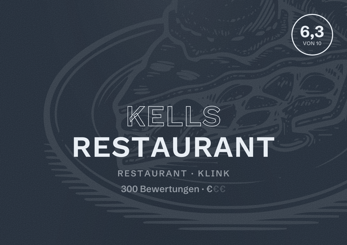 Illustriertes Poster von Kells Restaurant, Restaurant in Klink: Bewertung 6,3 von 10 aus 300 Bewertungen, Preisniveau €