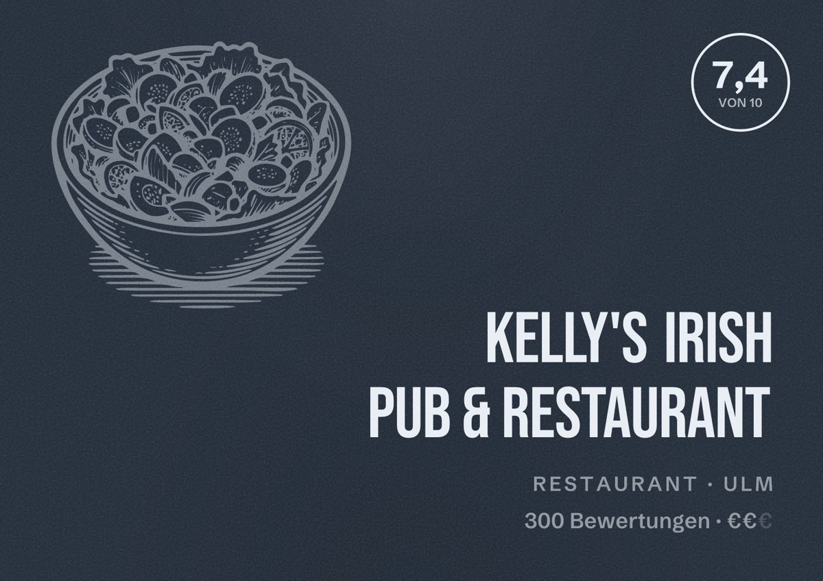 Illustriertes Poster von Kelly's Irish Pub & Restaurant, Restaurant in Ulm: Bewertung 7,4 von 10 aus 300 Bewertungen, Preisniveau €€