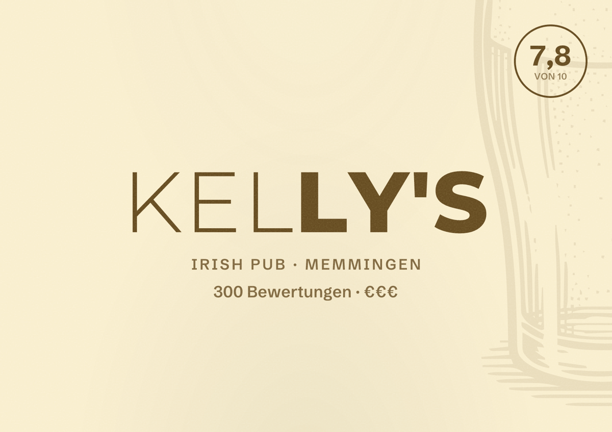 Illustriertes Poster von Kelly's, Irish Pub in Memmingen: Bewertung 7,8 von 10 aus 300 Bewertungen, Preisniveau €€€