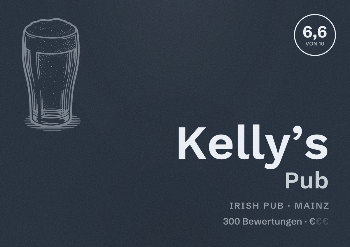 Illustriertes Poster von Kelly’s Pub, Irish Pub in Mainz: Bewertung 6,6 von 10 aus 300 Bewertungen, Preisniveau €