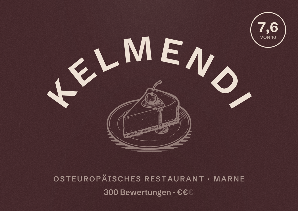 Illustriertes Poster von Kelmendi, Osteuropäisches Restaurant in Marne: Bewertung 7,6 von 10 aus 300 Bewertungen, Preisniveau €€