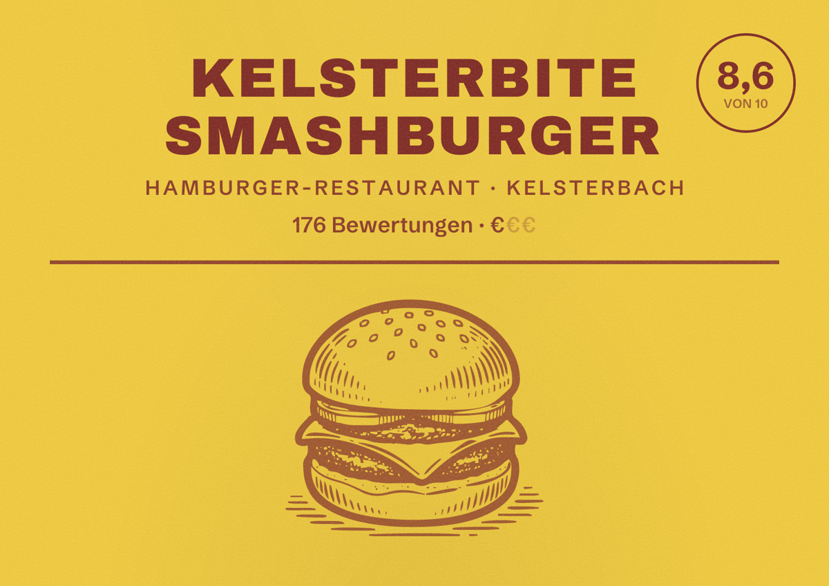 Illustriertes Poster von Kelsterbite SmashBurger, Hamburger-Restaurant in Kelsterbach: Bewertung 8,6 von 10 aus 176 Bewertungen, Preisniveau €