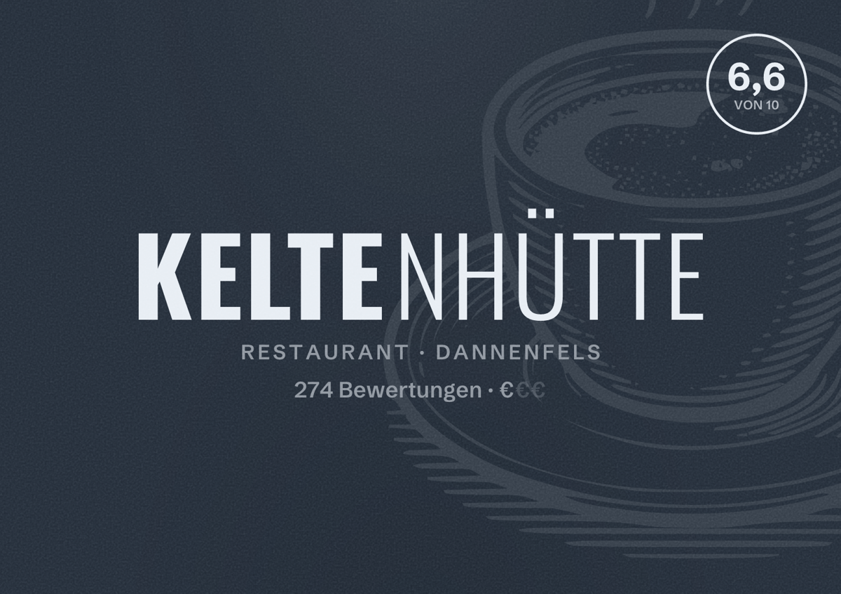 Illustriertes Poster von Keltenhütte, Restaurant in Dannenfels: Bewertung 6,6 von 10 aus 274 Bewertungen, Preisniveau €