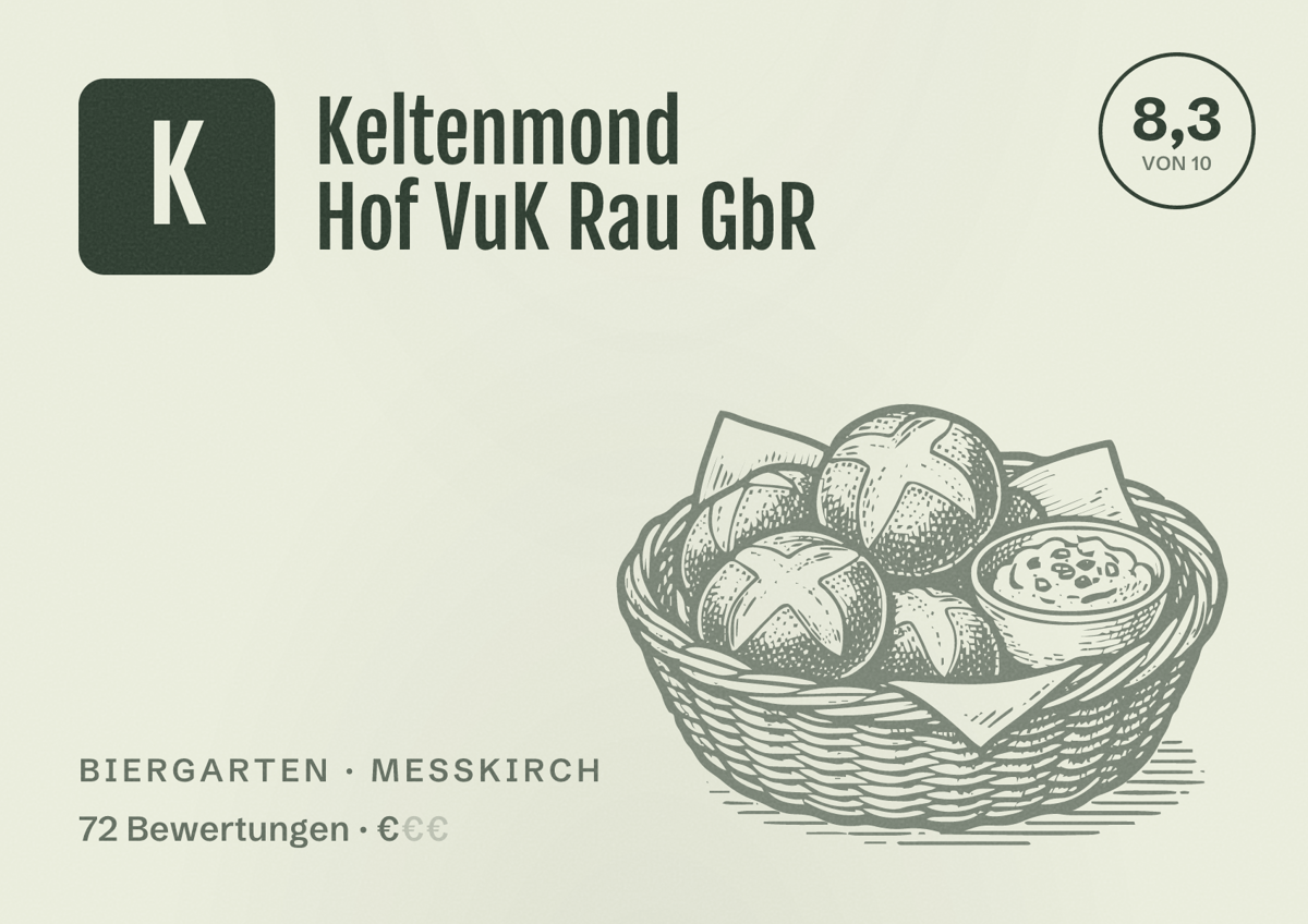 Illustriertes Poster von Keltenmond Hof VuK Rau GbR, Biergarten in Messkirch: Bewertung 8,3 von 10 aus 72 Bewertungen, Preisniveau €