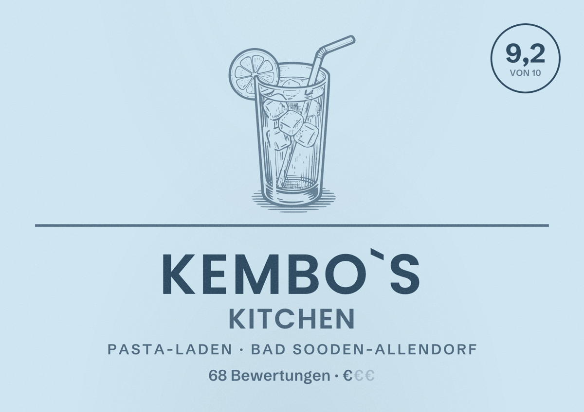 Illustriertes Poster von Kembo`s Kitchen, Pasta-Laden in Bad Sooden-Allendorf: Bewertung 9,2 von 10 aus 68 Bewertungen, Preisniveau €