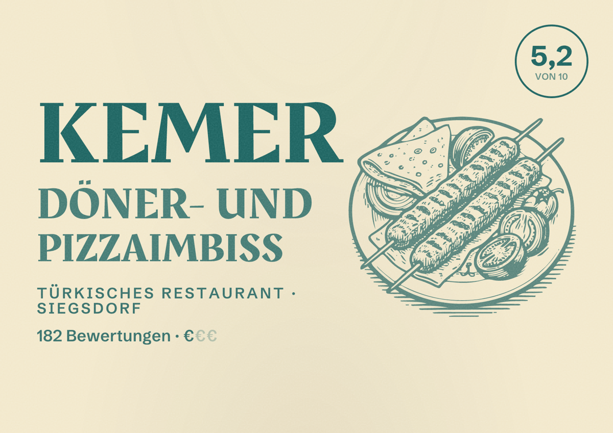 Illustriertes Poster von Kemer Döner- und Pizzaimbiss, Türkisches Restaurant in Siegsdorf: Bewertung 5,2 von 10 aus 182 Bewertungen, Preisniveau €