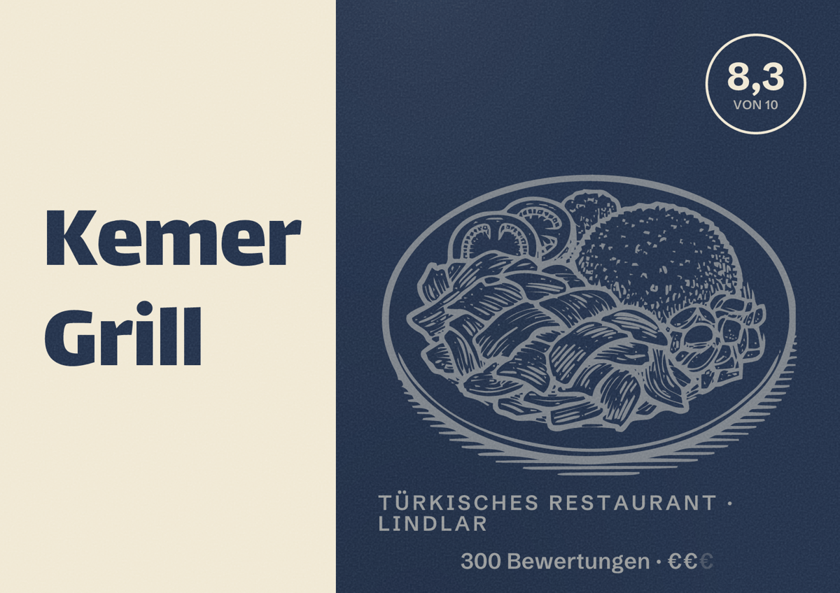 Illustriertes Poster von Kemer Grill, Türkisches Restaurant in Lindlar: Bewertung 8,3 von 10 aus 300 Bewertungen, Preisniveau €€