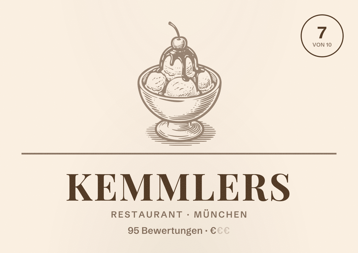 Illustriertes Poster von Kemmlers, Restaurant in München: Bewertung 7,0 von 10 aus 95 Bewertungen, Preisniveau €