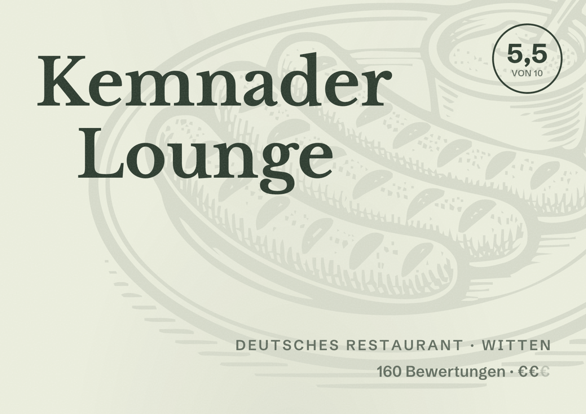 Illustriertes Poster von Kemnader Lounge, Deutsches Restaurant in Witten: Bewertung 5,5 von 10 aus 160 Bewertungen, Preisniveau €€