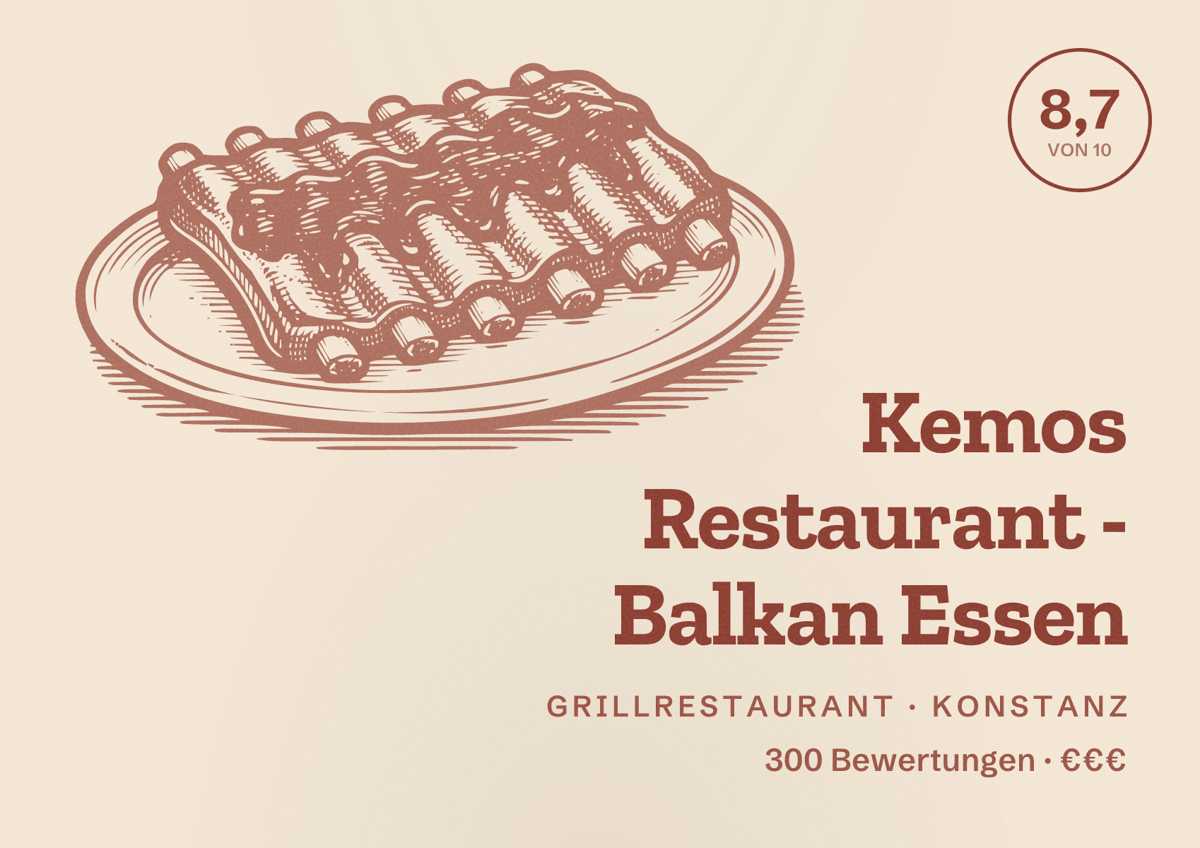 Illustriertes Poster von Kemos Restaurant - Balkan Essen, Grillrestaurant in Konstanz: Bewertung 8,7 von 10 aus 300 Bewertungen, Preisniveau €€€
