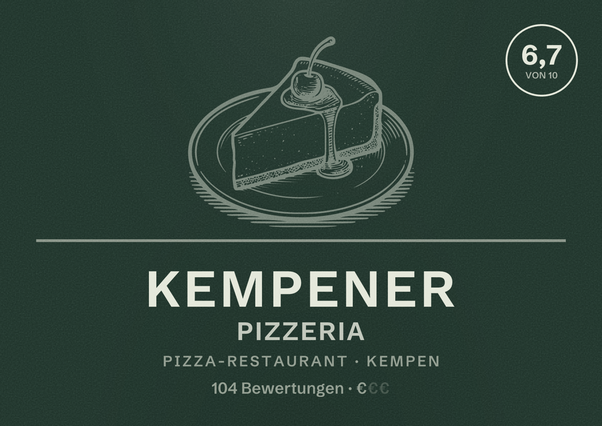 Illustriertes Poster von Kempener Pizzeria, Pizza-Restaurant in Kempen: Bewertung 6,7 von 10 aus 104 Bewertungen, Preisniveau €