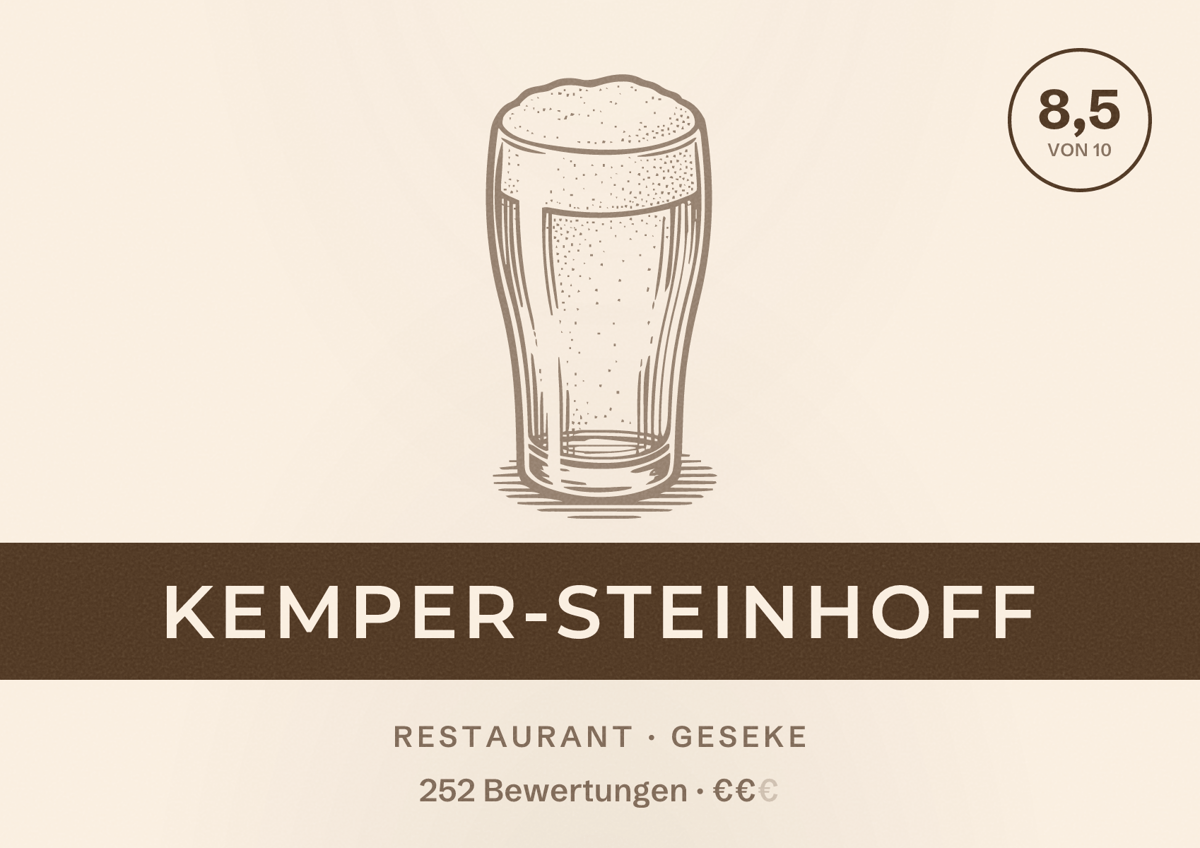 Illustriertes Poster von Kemper-Steinhoff, Restaurant in Geseke: Bewertung 8,5 von 10 aus 252 Bewertungen, Preisniveau €€