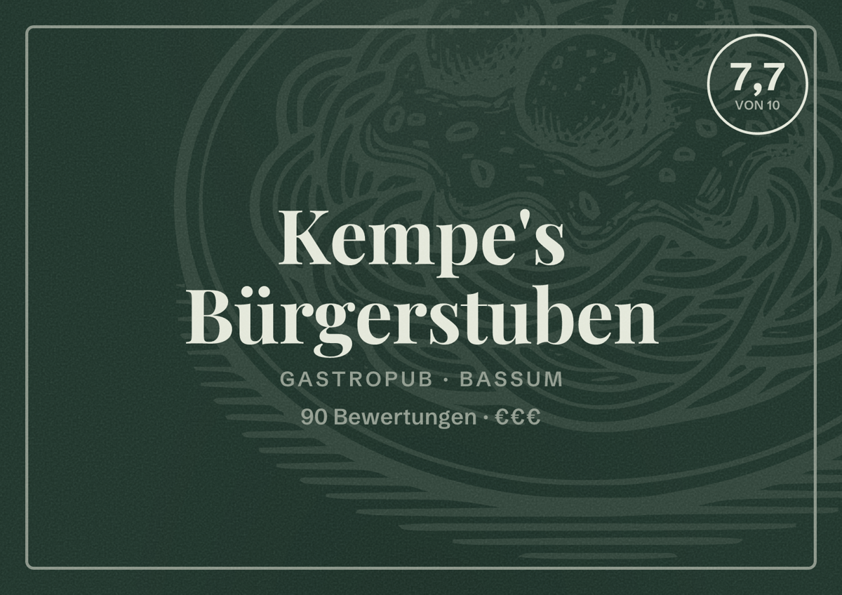 Illustriertes Poster von Kempe's Bürgerstuben, Gastropub in Bassum: Bewertung 7,7 von 10 aus 90 Bewertungen, Preisniveau €€€