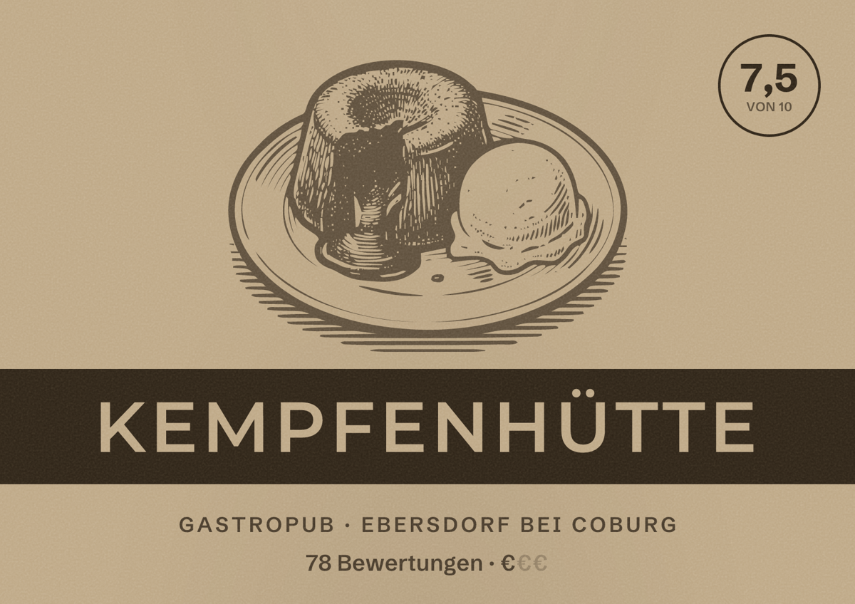 Illustriertes Poster von Kempfenhütte, Gastropub in Ebersdorf bei Coburg: Bewertung 7,5 von 10 aus 78 Bewertungen, Preisniveau €