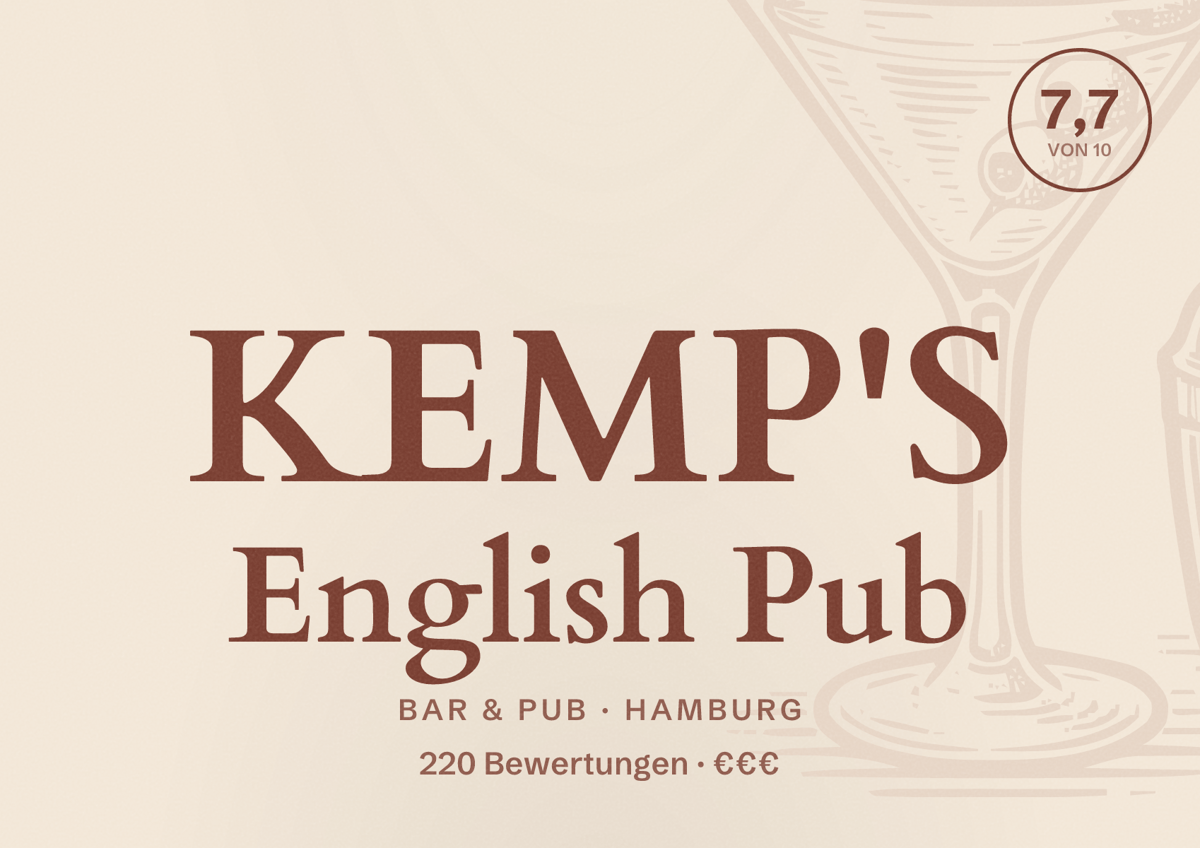 Illustriertes Poster von KEMP'S English Pub, Bar & Pub in Hamburg: Bewertung 7,7 von 10 aus 220 Bewertungen, Preisniveau €€€