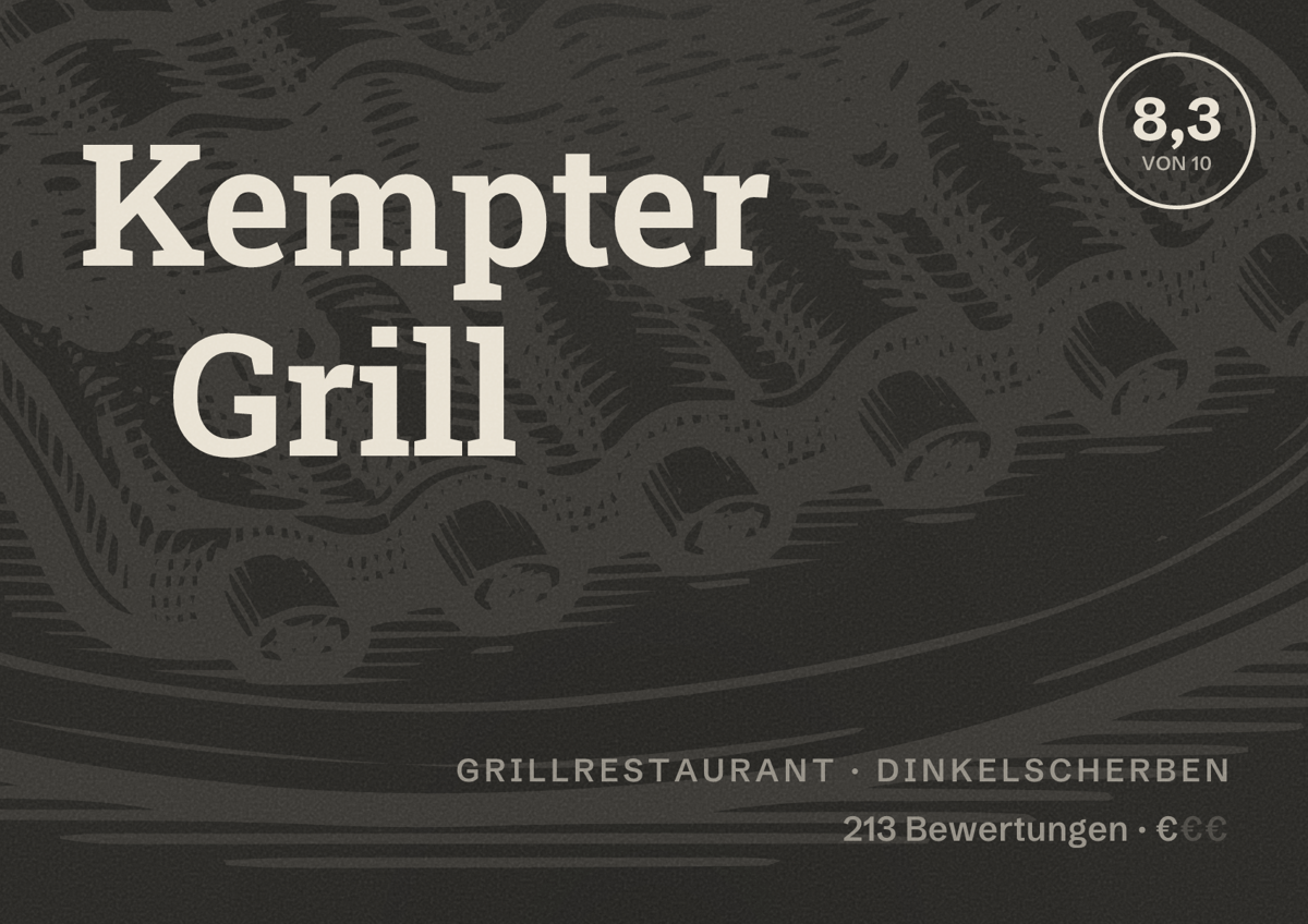 Illustriertes Poster von Kempter Grill, Grillrestaurant in Dinkelscherben: Bewertung 8,3 von 10 aus 213 Bewertungen, Preisniveau €