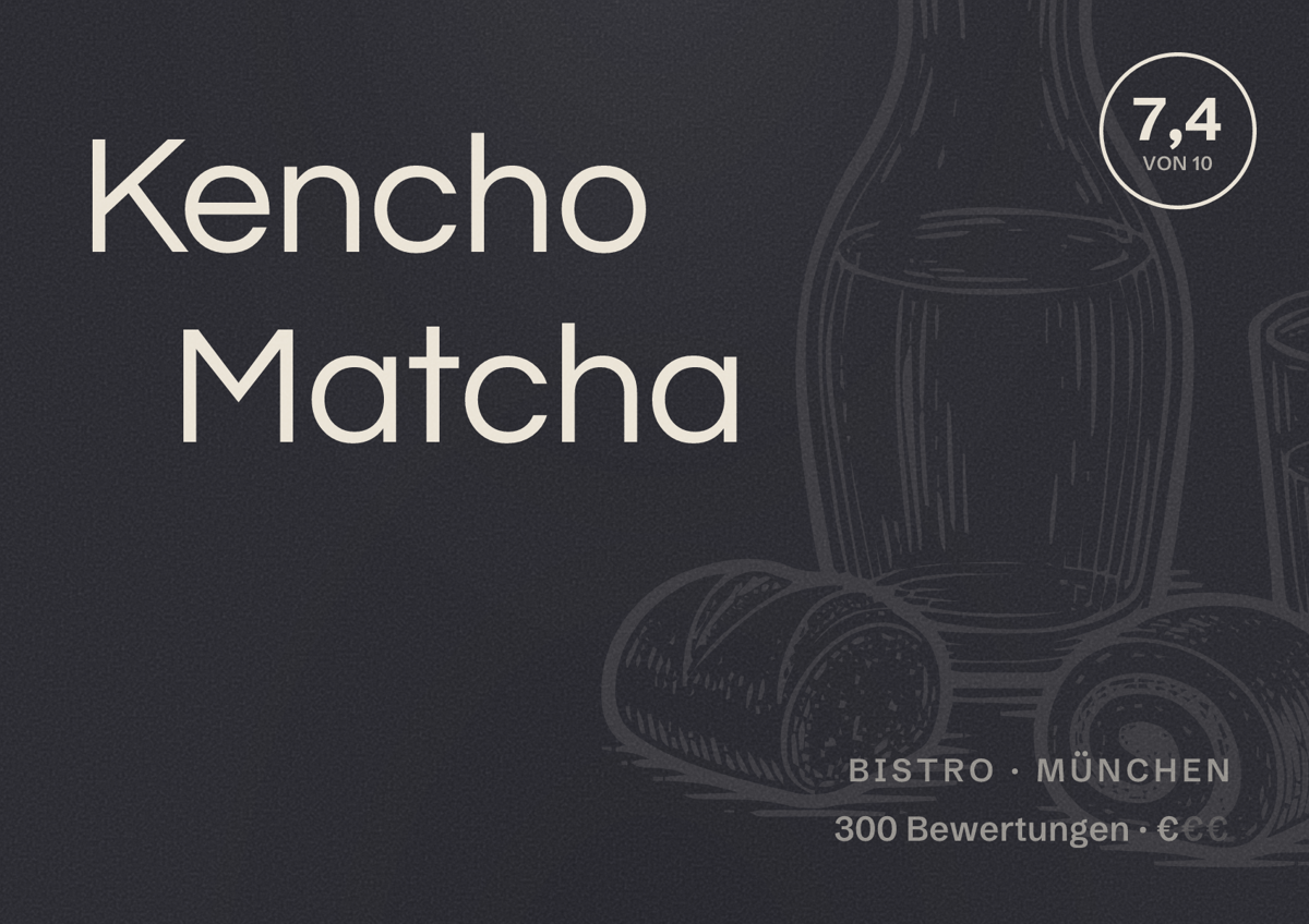 Illustriertes Poster von Kencho Matcha, Bistro in München: Bewertung 7,4 von 10 aus 300 Bewertungen, Preisniveau €