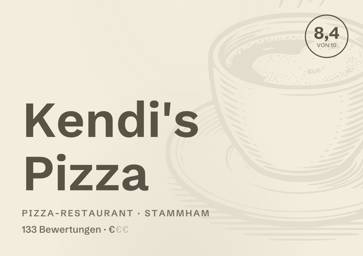 Illustriertes Poster von Kendi's Pizza, Pizza-Restaurant in Stammham: Bewertung 8,4 von 10 aus 133 Bewertungen, Preisniveau €