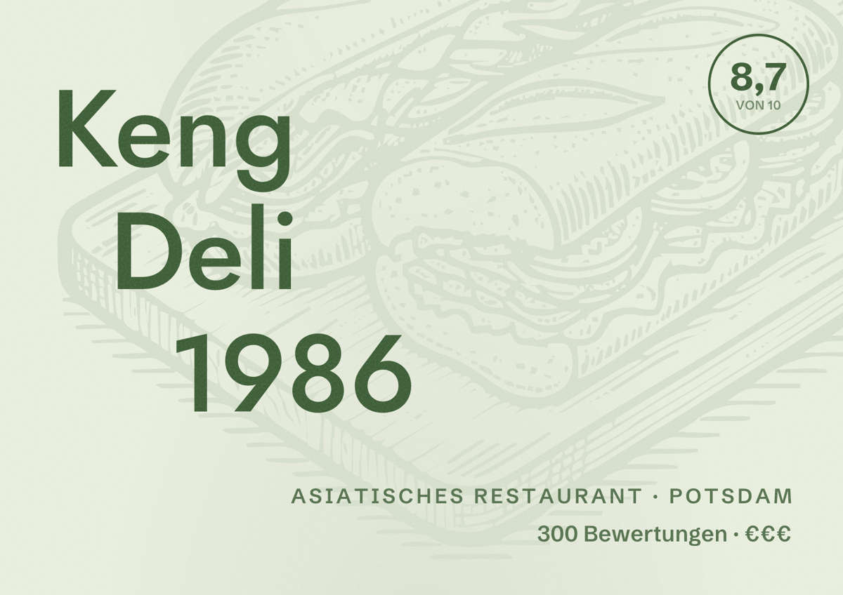 Illustriertes Poster von Keng Deli 1986, Asiatisches Restaurant in Potsdam: Bewertung 8,7 von 10 aus 300 Bewertungen, Preisniveau €€€