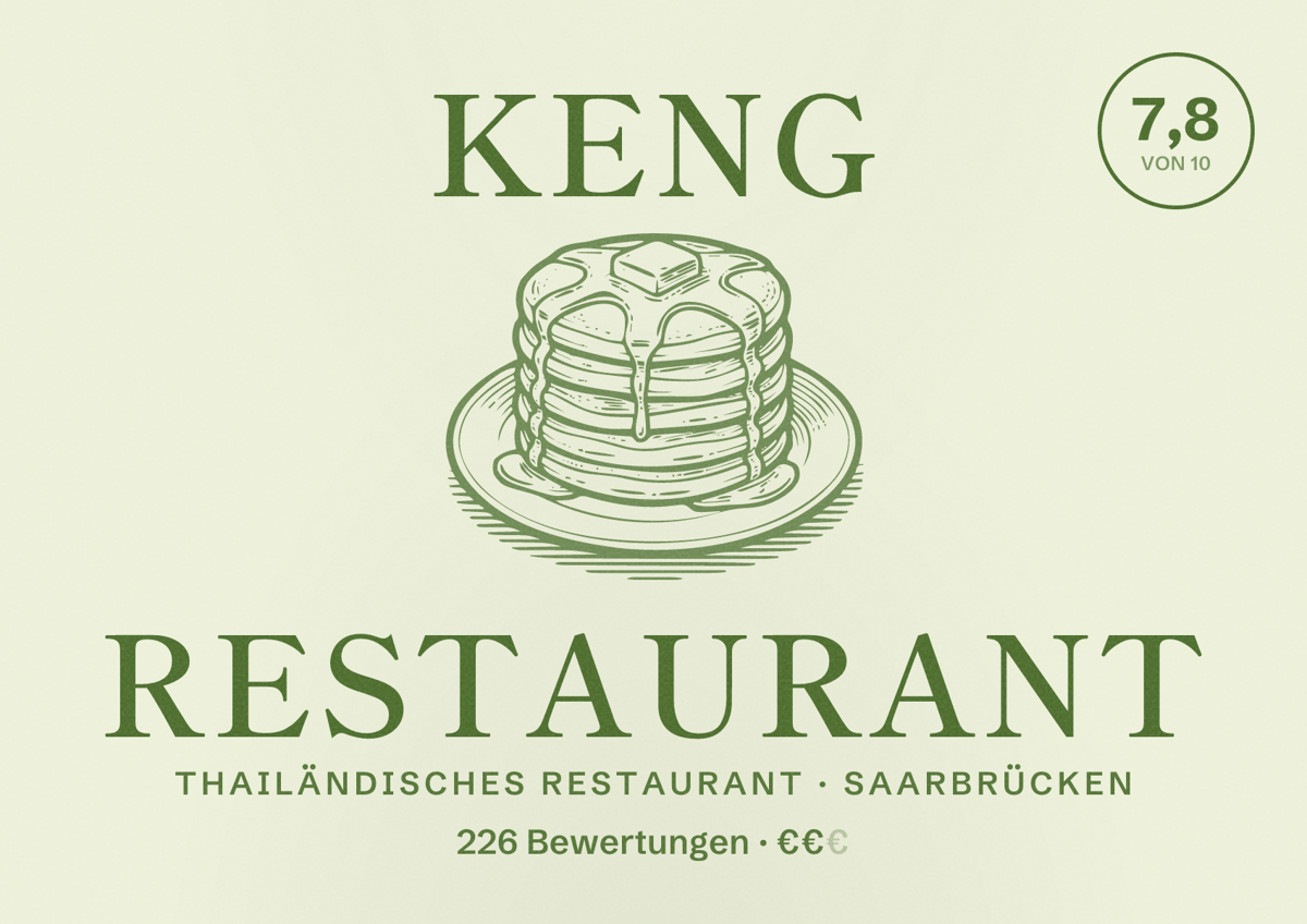 Illustriertes Poster von Keng Restaurant, Thailändisches Restaurant in Saarbrücken: Bewertung 7,8 von 10 aus 226 Bewertungen, Preisniveau €€
