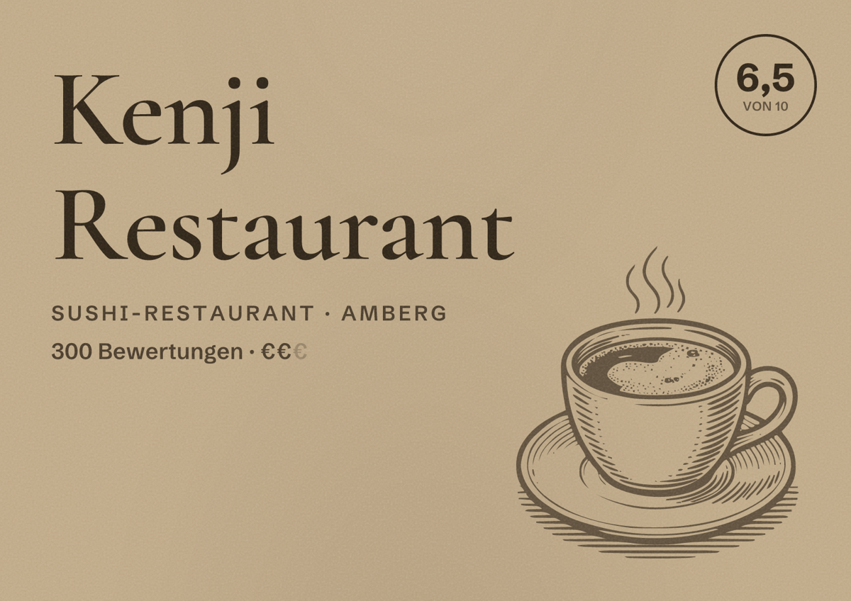 Illustriertes Poster von Kenji Restaurant, Sushi-Restaurant in Amberg: Bewertung 6,5 von 10 aus 300 Bewertungen, Preisniveau €€