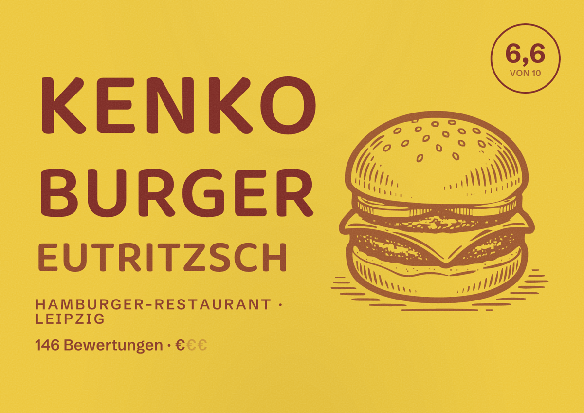 Illustriertes Poster von Kenko Burger Eutritzsch, Hamburger-Restaurant in Leipzig: Bewertung 6,6 von 10 aus 146 Bewertungen, Preisniveau €