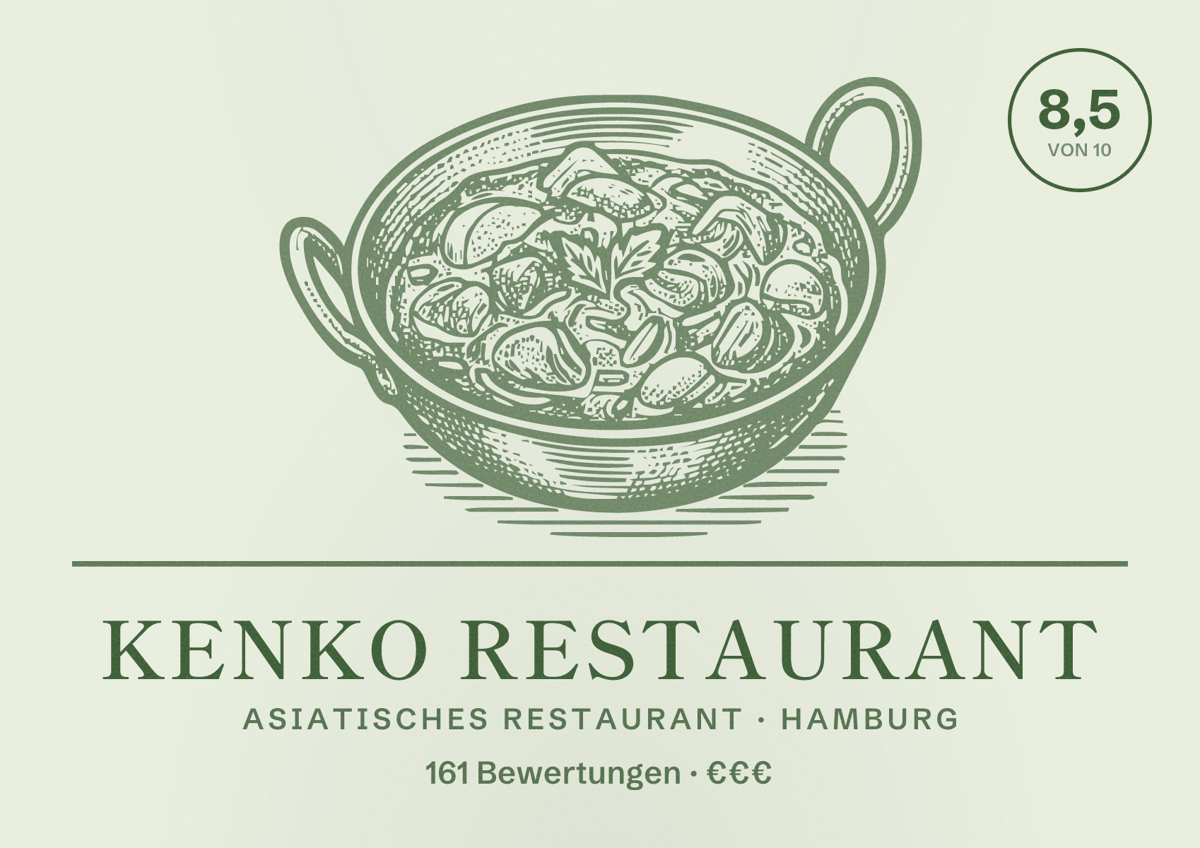 Illustriertes Poster von Kenko Restaurant, Asiatisches Restaurant in Hamburg: Bewertung 8,5 von 10 aus 161 Bewertungen, Preisniveau €€€