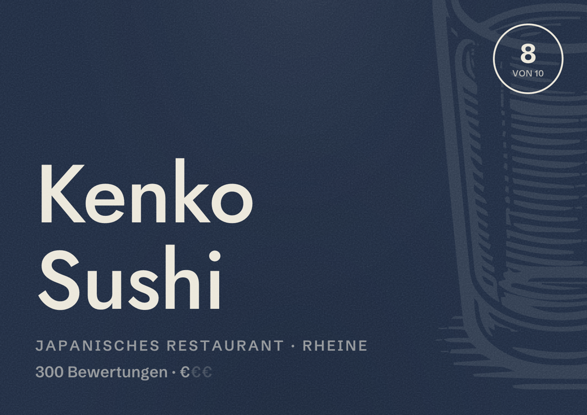 Illustriertes Poster von Kenko Sushi, Japanisches Restaurant in Rheine: Bewertung 8 von 10 aus 300 Bewertungen, Preisniveau €