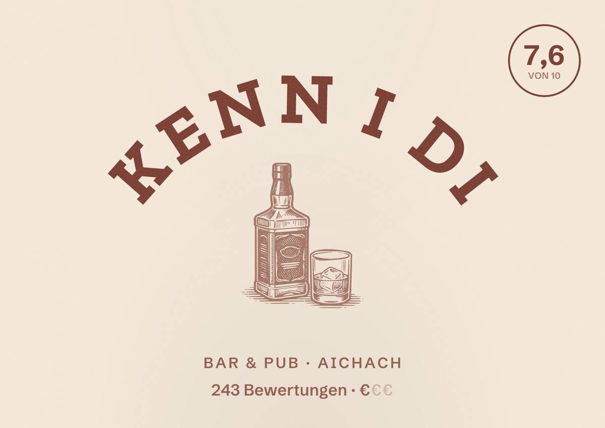 Illustriertes Poster von Kenn i Di, Bar & Pub in Aichach: Bewertung 7,6 von 10 aus 243 Bewertungen, Preisniveau €