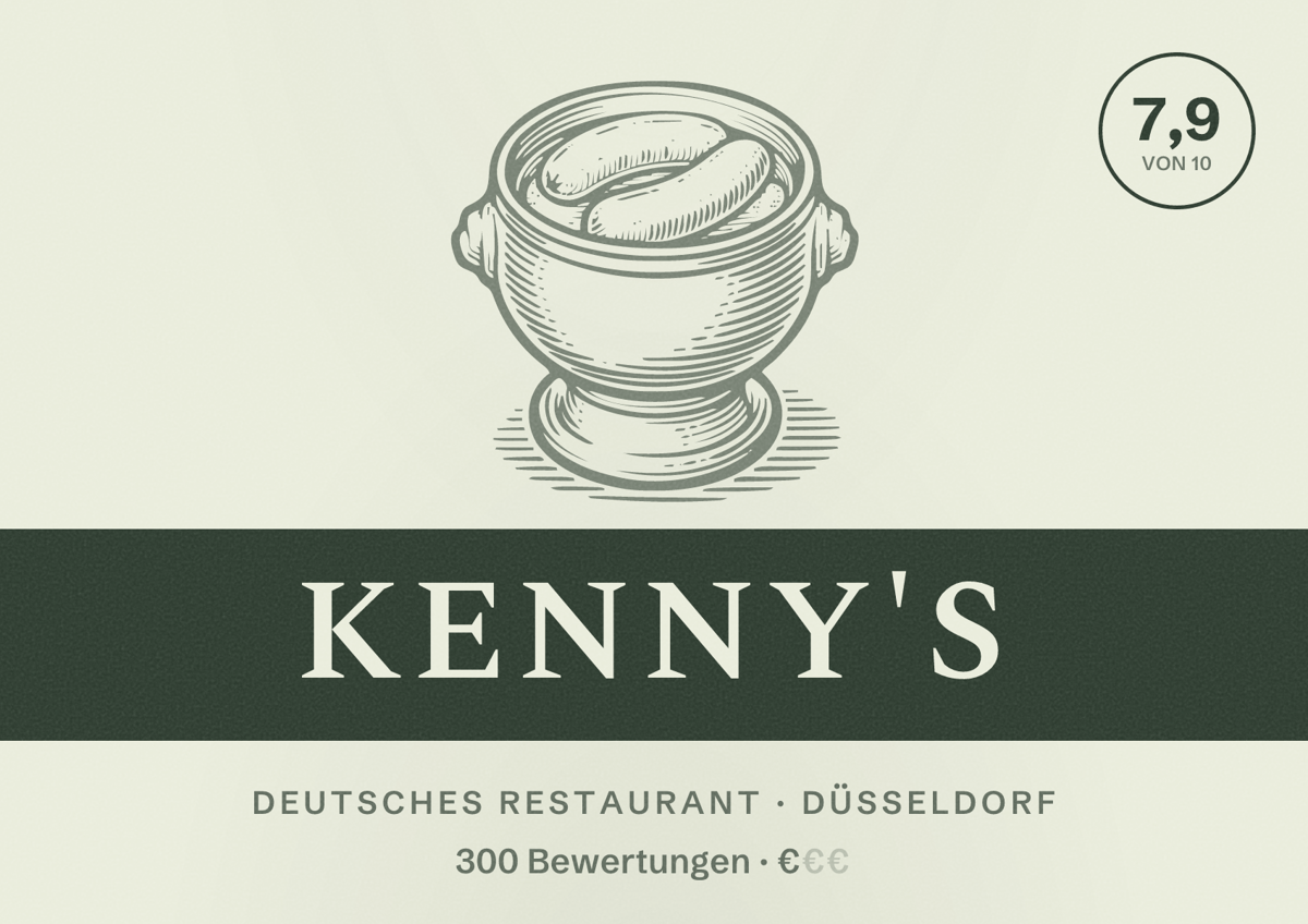 Illustriertes Poster von Kenny's, Deutsches Restaurant in Düsseldorf: Bewertung 7,9 von 10 aus 300 Bewertungen, Preisniveau €